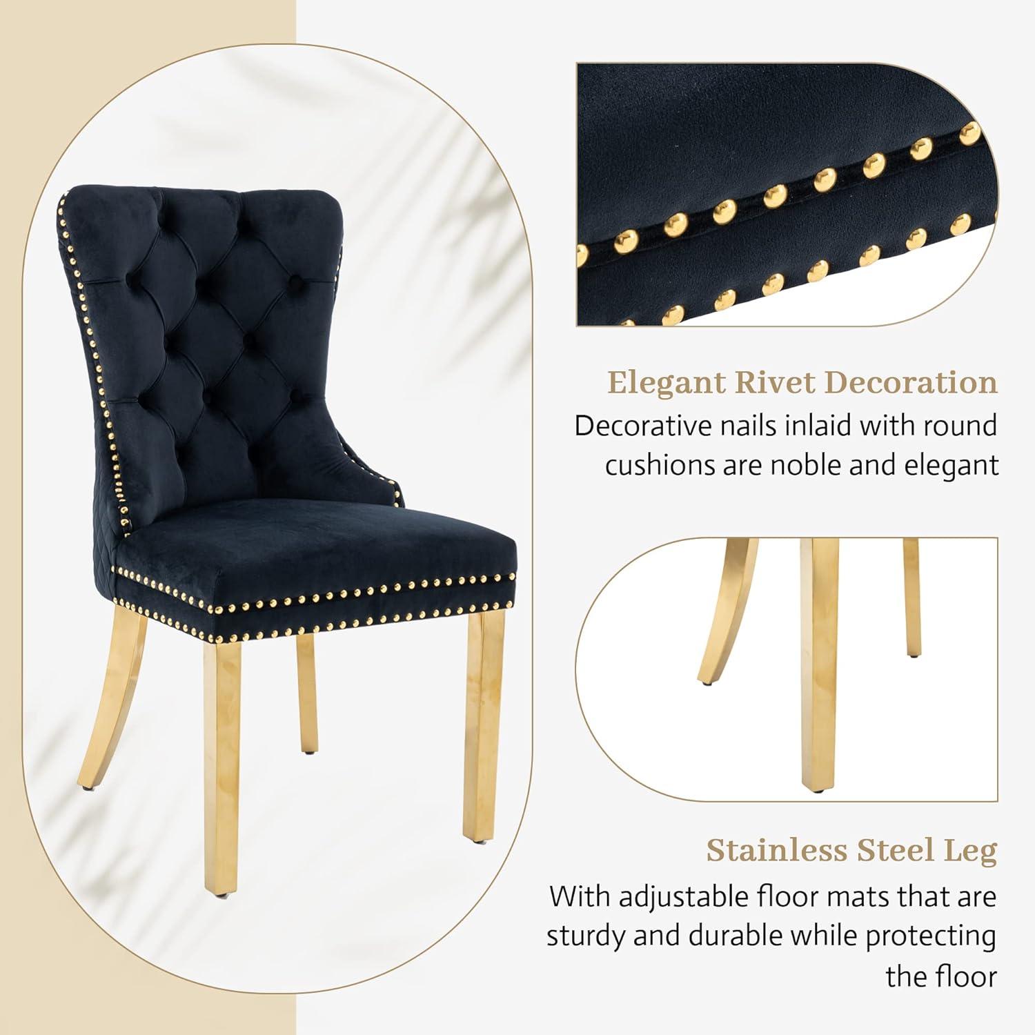 ODUSE-DAILY Black Velvet Dining Chairs Set of 6, Kitchen & Dining Room Chairs, Nailheads Tufted, Sillas De Comedor, Fabric Upholstered, Golden Metal Legs (Black, 6 Pcs)