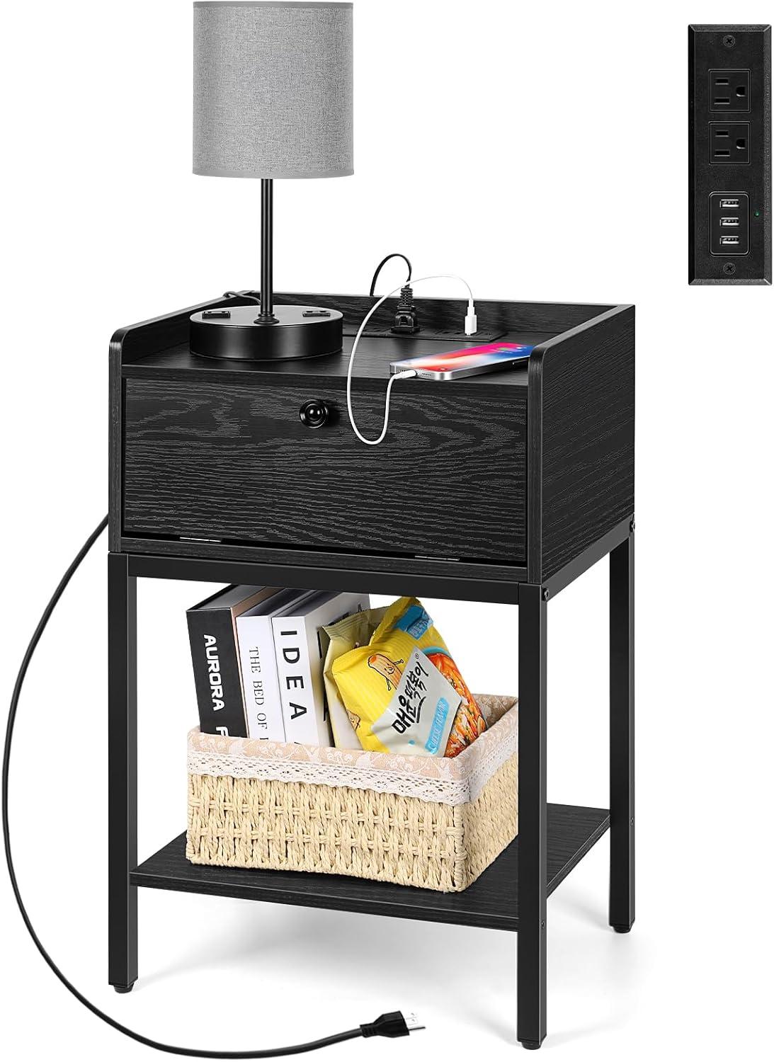 Nightstand End Table with Charging Station, USB Ports, Drawer and Storage Shelf, Black