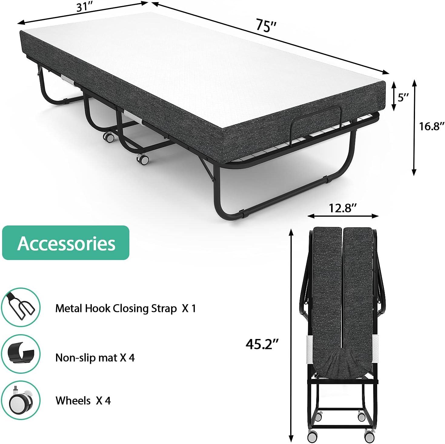 Black Metal Rollaway Bed with Memory Foam Mattress