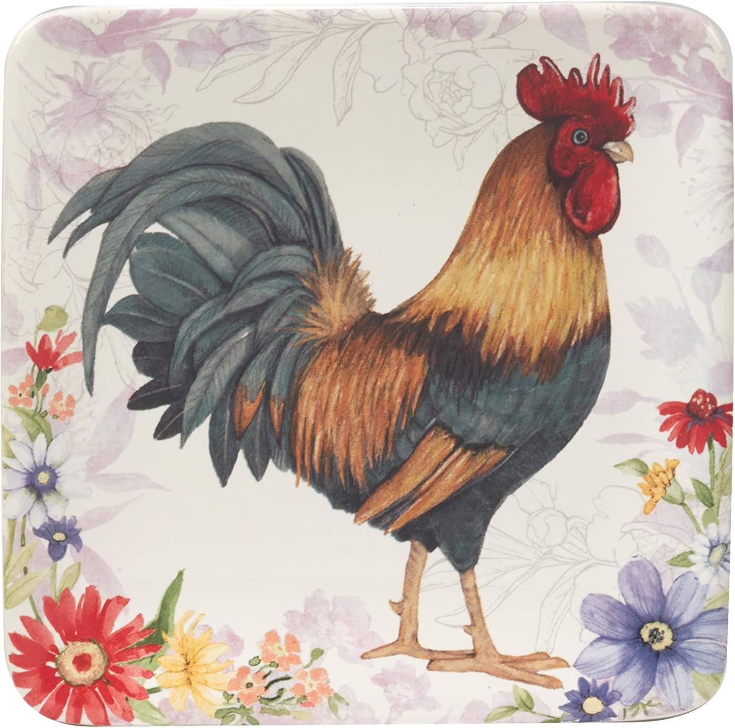 Hand-Painted Ceramic Rooster Square Salad Plates, Set of 4