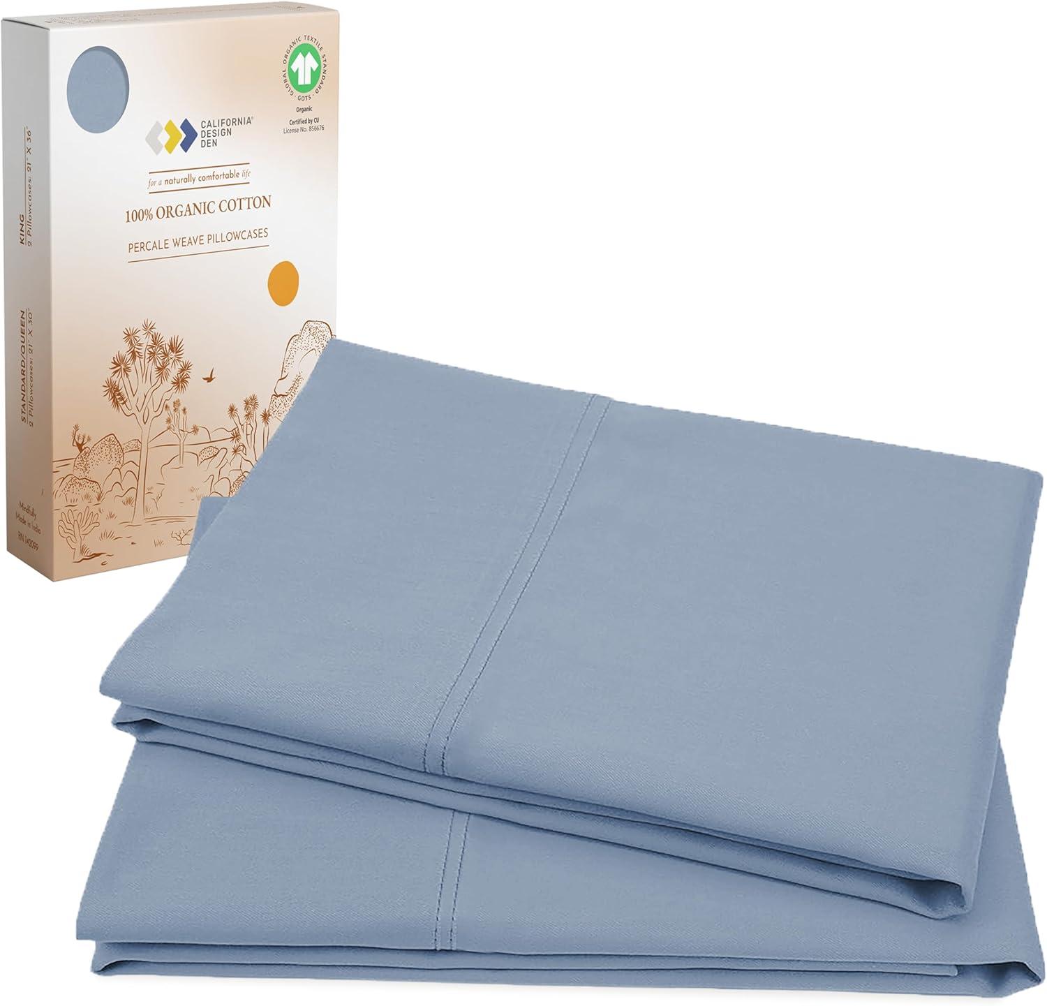 100% Organic Cotton Pillowcase Set - 300 Thread Count Percale, GOTS Certified - California Design Den