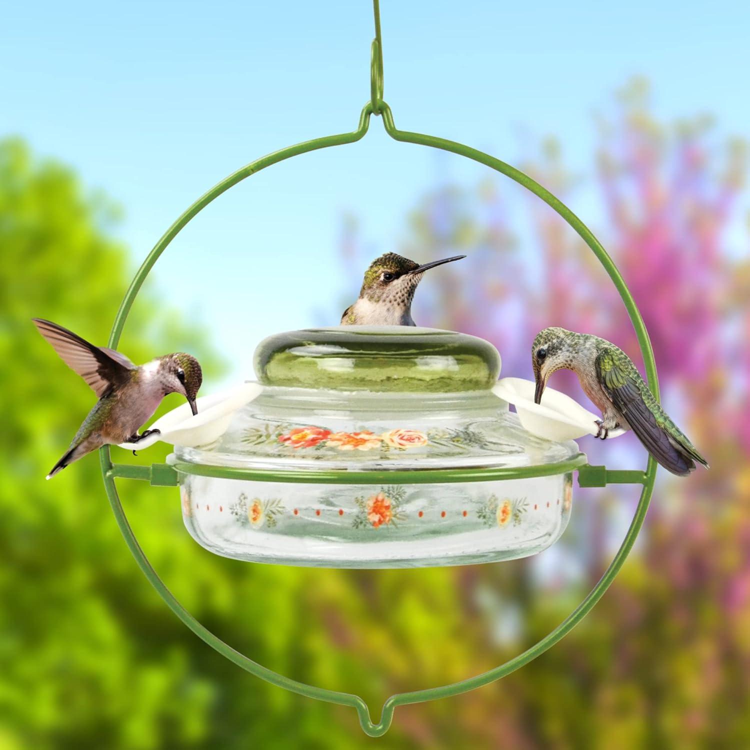 Green Floral Glass and Metal Hanging Hummingbird Feeder