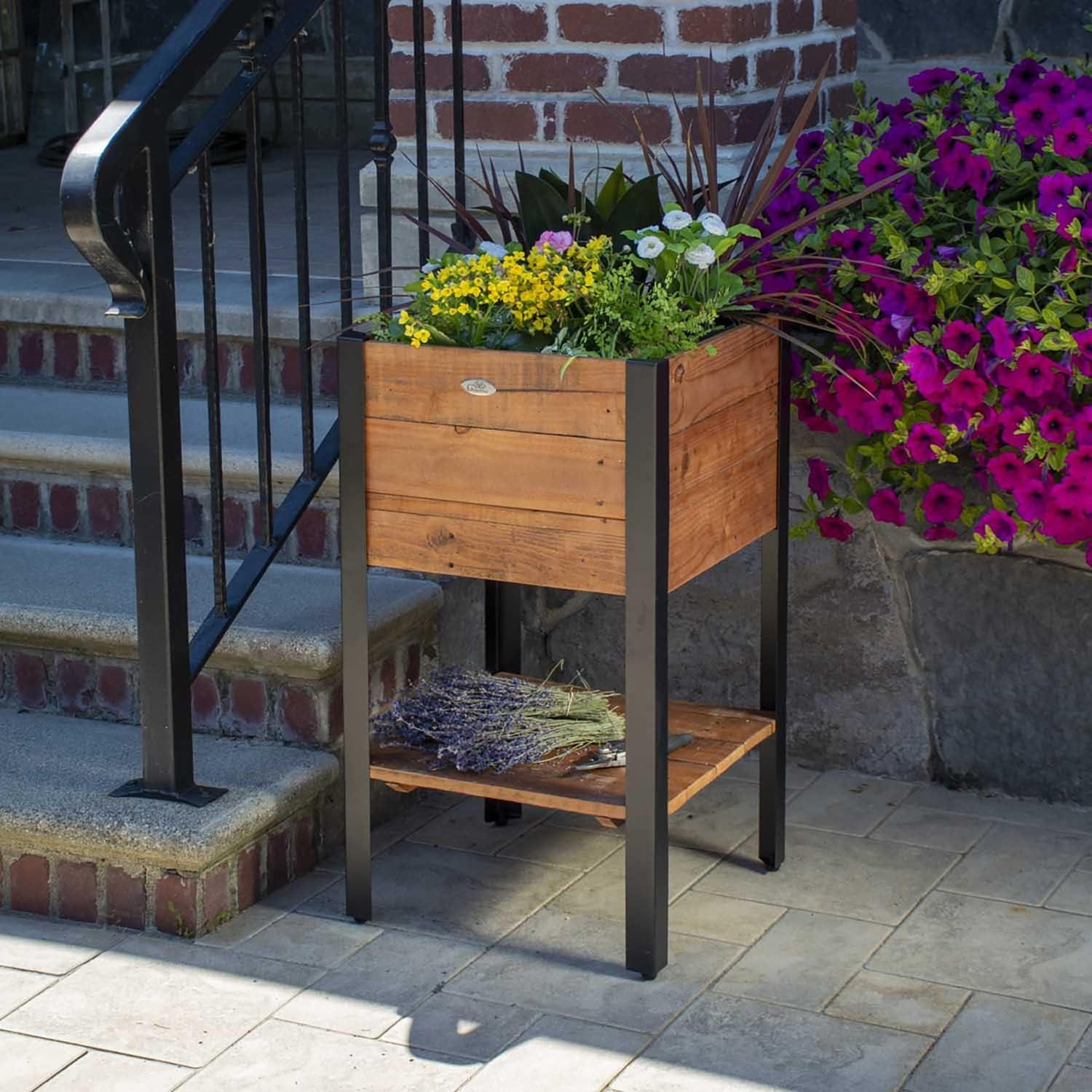 Grapevine Urban Garden Square Raised Planter Box with Liner and Shelf Made from Recycled Pine Pallets with Steel Frame for Rustic, Natural Appeal