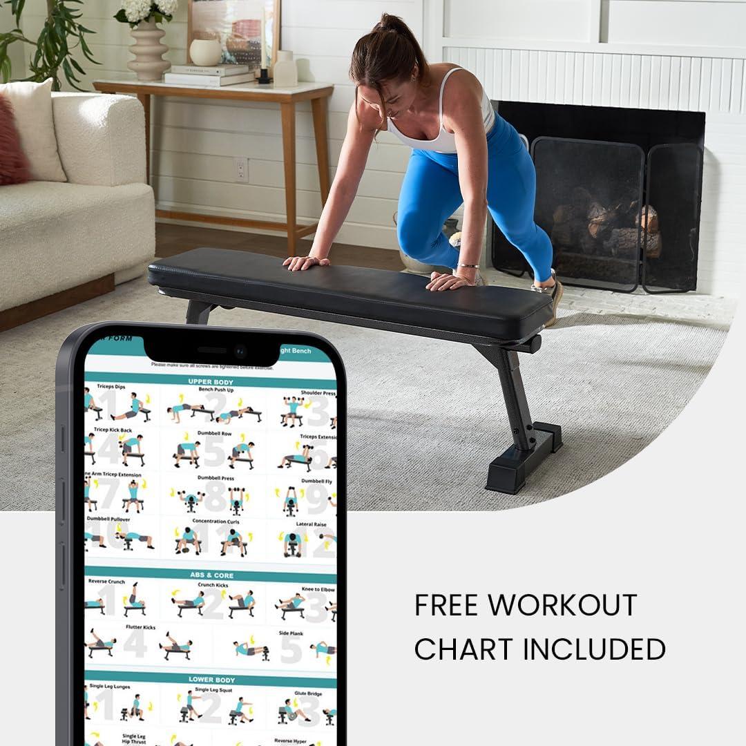 Finer Form Gym Quality Foldable Flat Bench for Multi-Purpose Weight Training and Ab Exercises (Black)