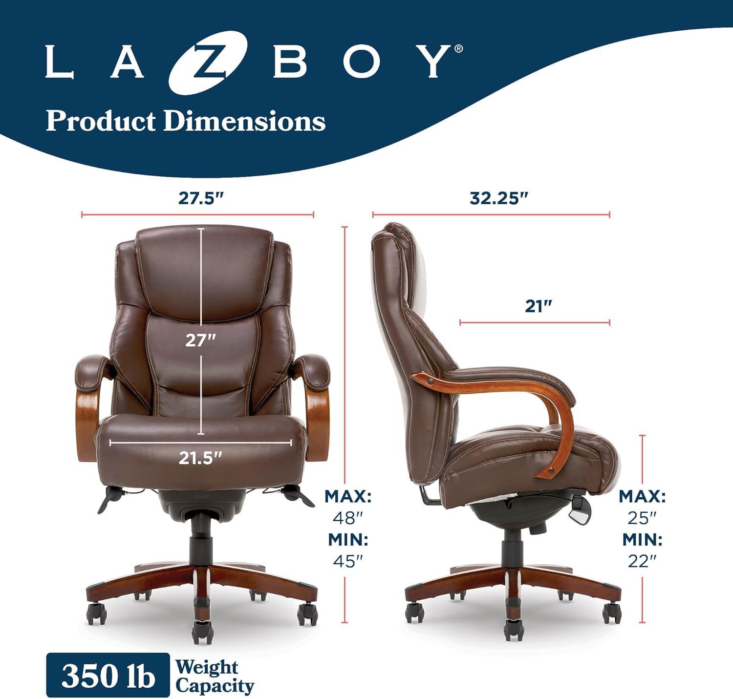 La-Z-Boy La-Z-Boy Delano Big & Tall Executive Office Chair, Ergonomic Mid-Back with Body Pillow Lumbar Support, ComfortCore® with Memory Foam Cushion, Mahogany Wood Arms and Swivel Base, Bonded Leather