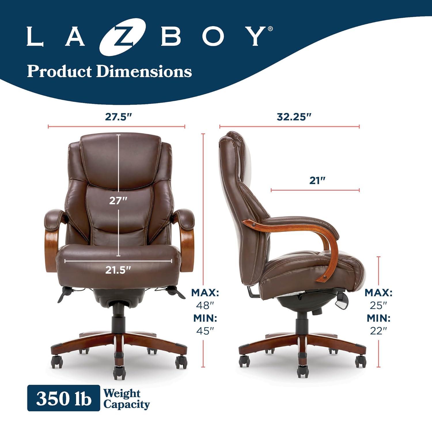 La-Z-Boy La-Z-Boy Delano Big & Tall Executive Office Chair, Ergonomic Mid-Back with Body Pillow Lumbar Support, ComfortCore® with Memory Foam Cushion, Mahogany Wood Arms and Swivel Base, Bonded Leather