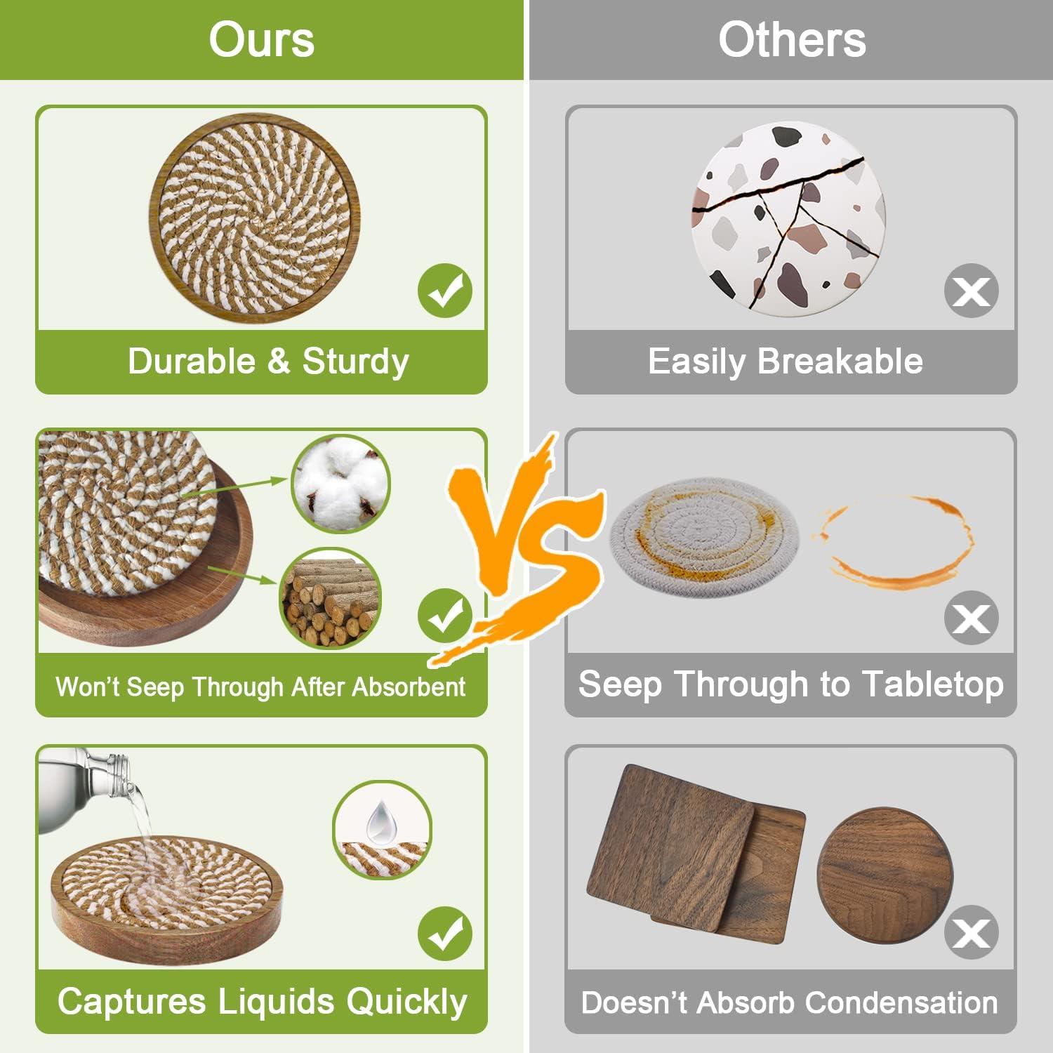 Wood Coasters for Drinks, Absorbent Coaster Sets of 5, Woven Drink Coasters for Coffee Table, Housewarming Gift for Farmhouse Home Decor,4 inches #1 Brown 5 Pack