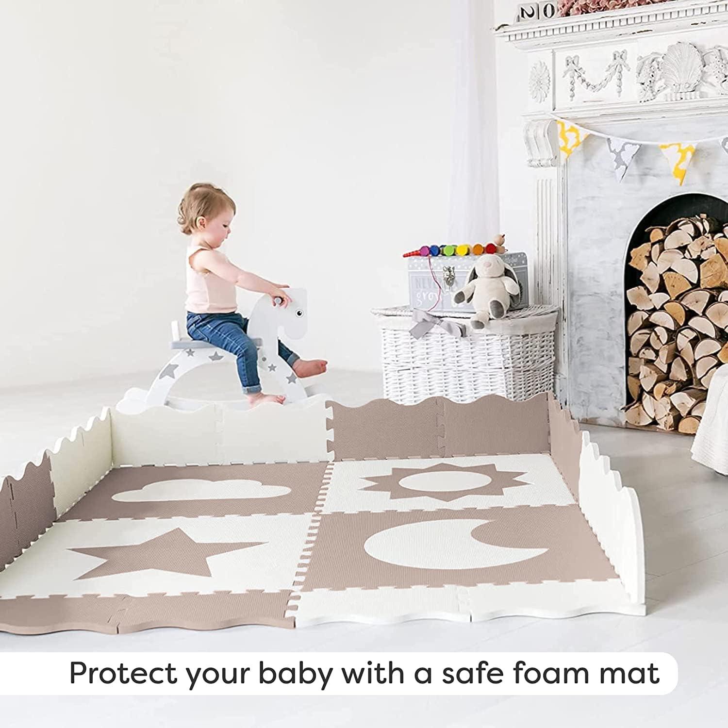 CHILDLIKE BEHAVIOR Baby Play Mat Tiles - Non Toxic Foam Floor Mat for Playroom & Nursery, 61"x61" X-Large, Biege