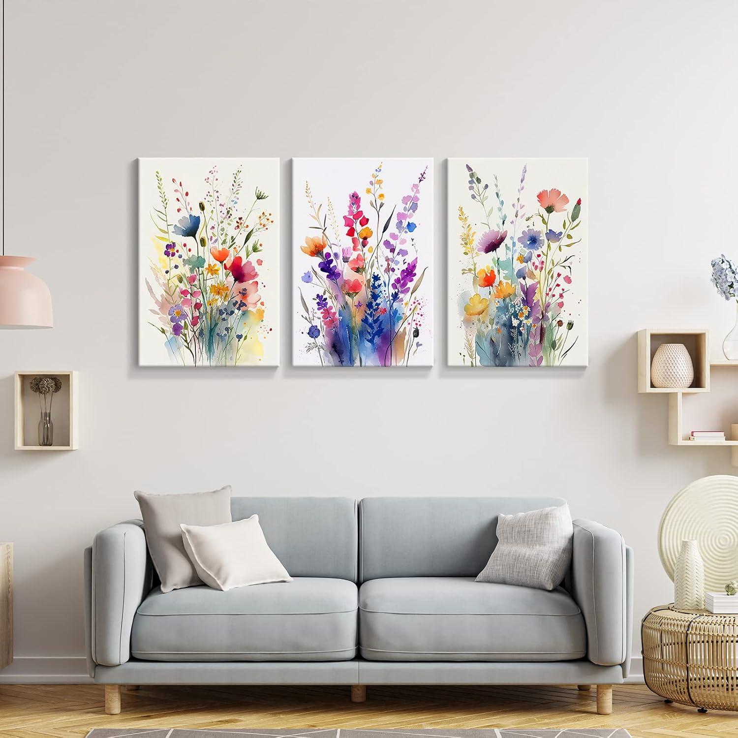 JRXY 3 Pcs Framed Watercolor Floral Botanical Canvas Wall Art Colorful Wildflower Plant Paintings Prints Posters 12x16 in