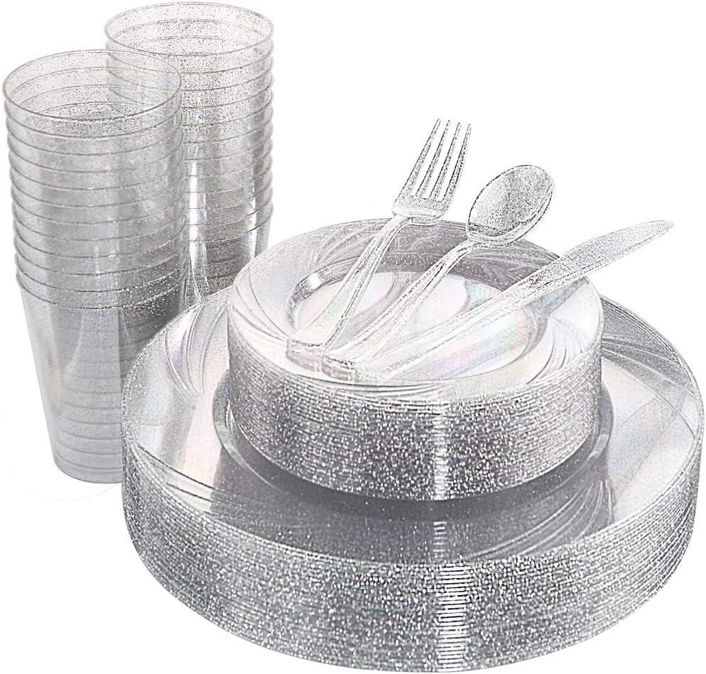 Elegant Clear and Silver Disposable Dinnerware Set for 25 Guests