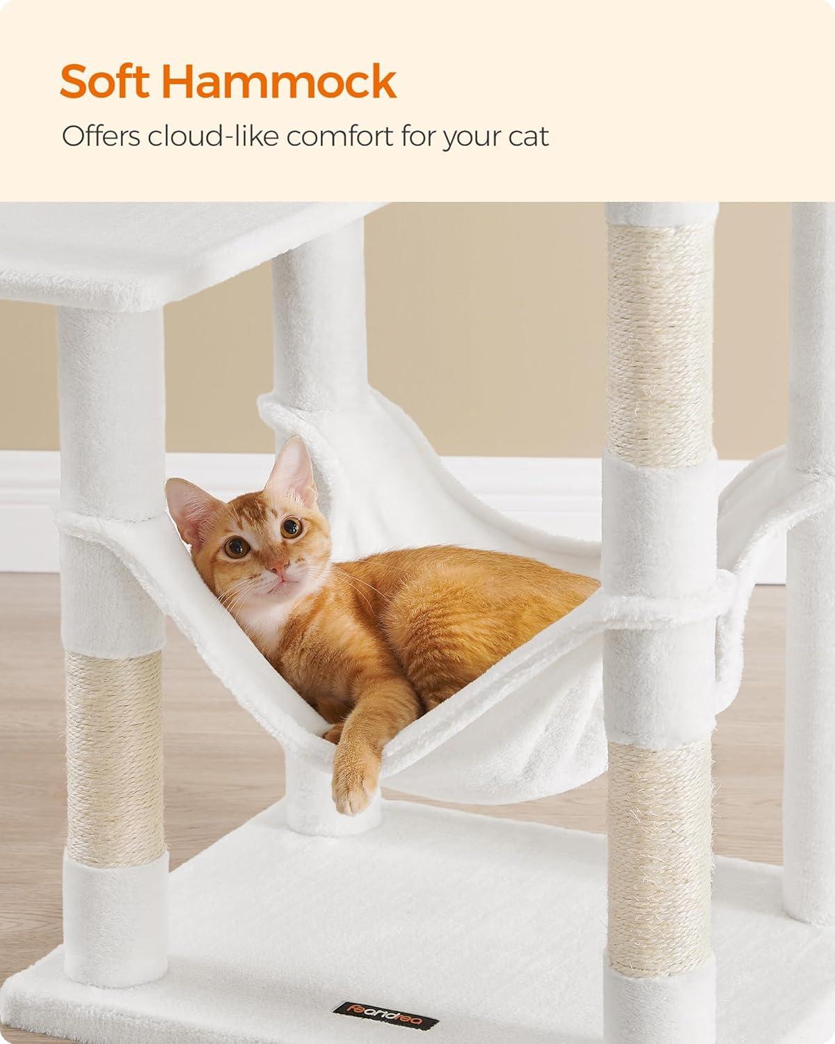 Cream White Multi-Level Cat Tree with Hammock and Scratching Posts