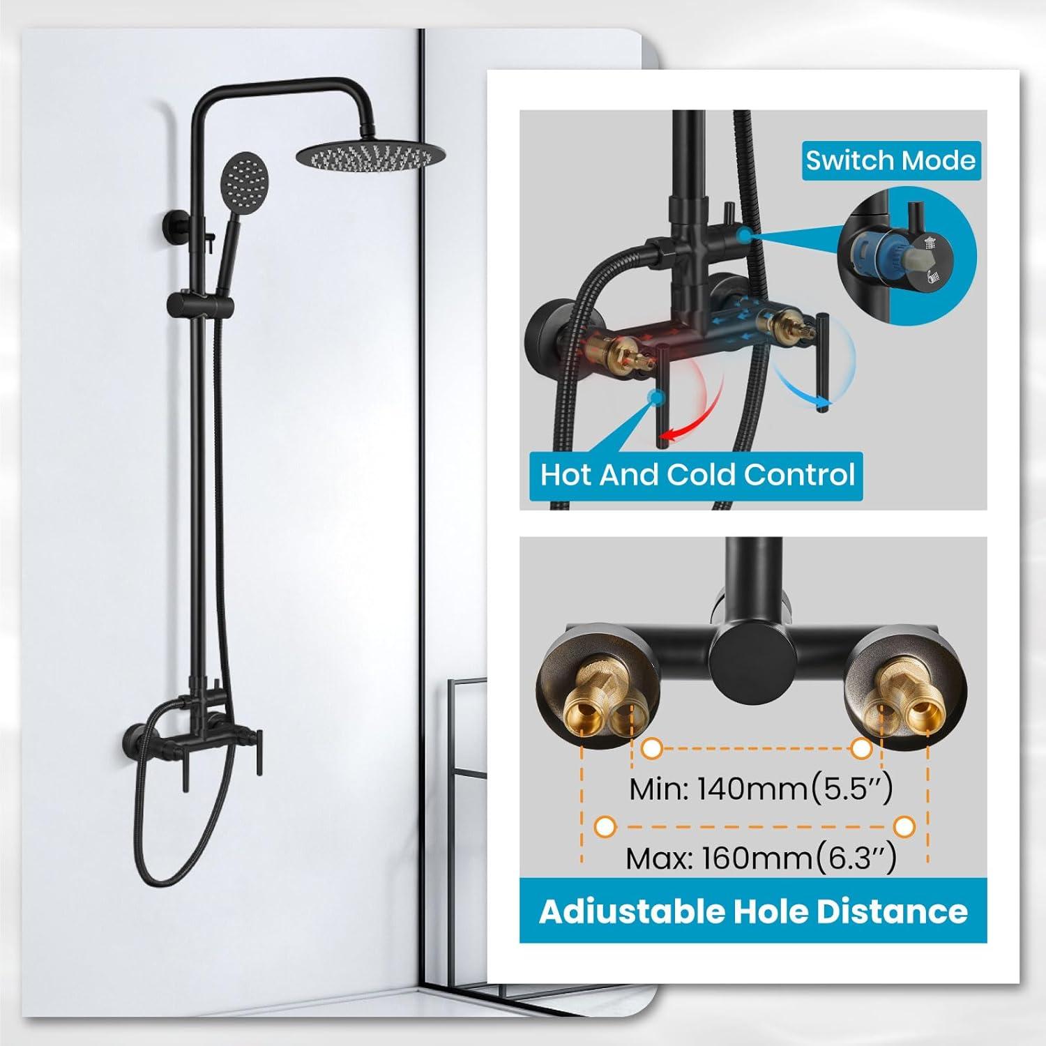 gotonovo SUS304 Outdoor Shower Fixture High Pressure Shower System Wall Mount 2 Dual Function Single Handle Shower Kit with 8 Inch Shower Head and Handheld Spray Shower Faucet Combo, Matte Black