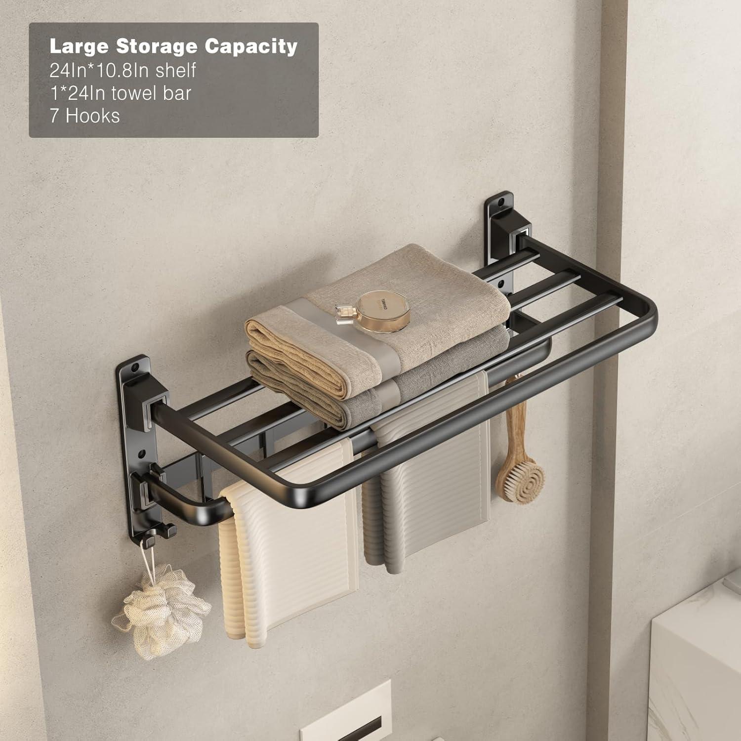 VOLDRA Towel Racks for Bathroom, 24-Inch Towel Shelf with Towel Bar Foldable Towel Holder with 7 Hooks Towel Storage Organizer for Bathroom & Lavatory Wall Mounted(Matte Black)