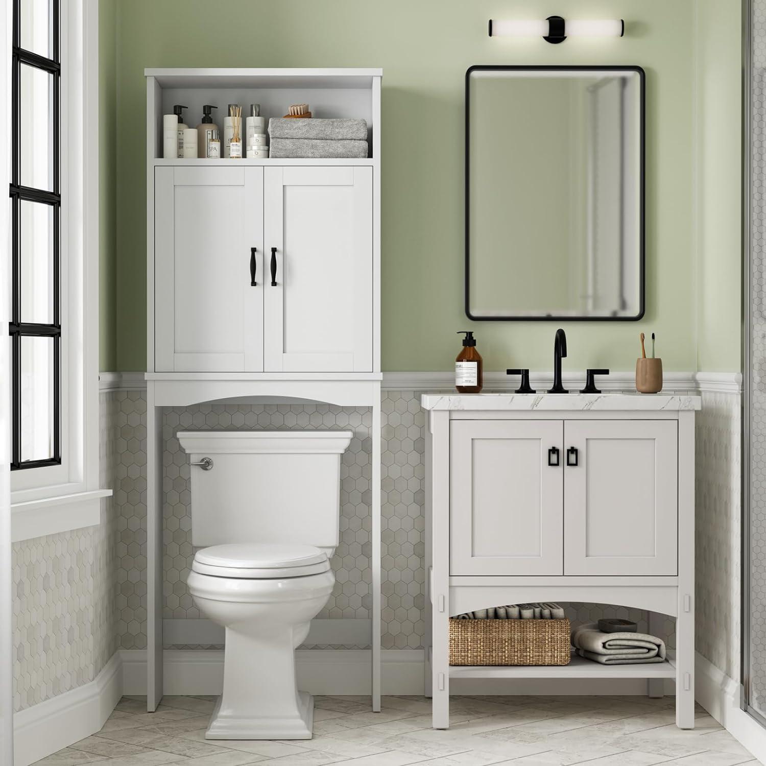 White Adjustable Over-the-Toilet Storage Cabinet with Glass Doors