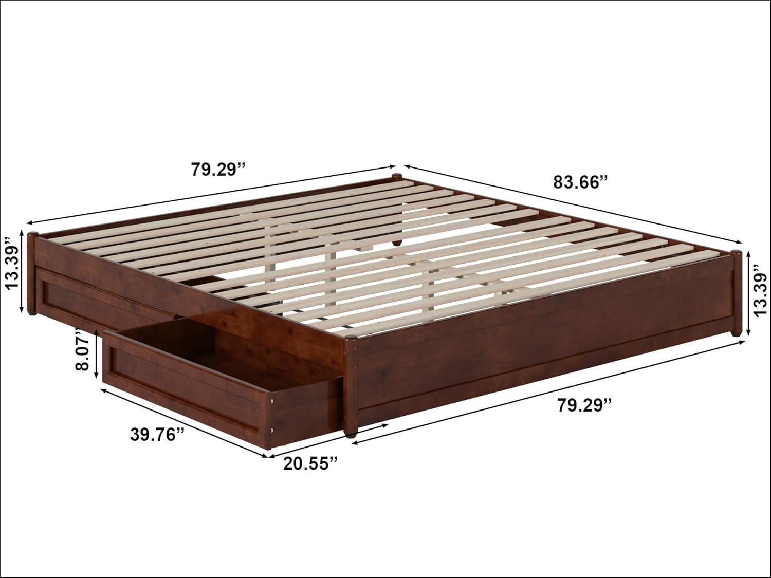 Barcelona King Solid Wood Panel Platform Bed with Storage Drawers in Walnut