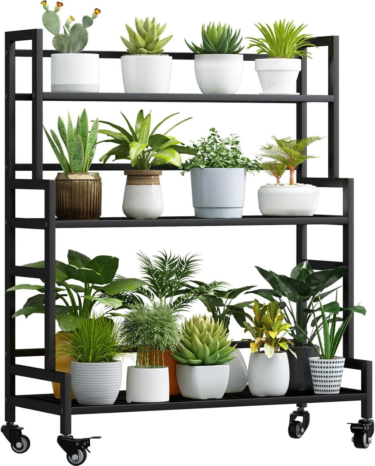 Black 3-Tier Metal Indoor/Outdoor Plant Stand with Wheels