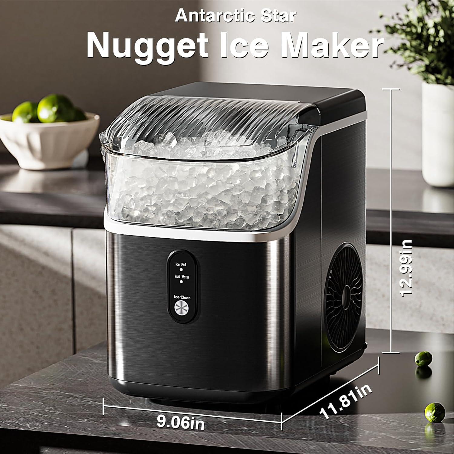 Compact Black Stainless Steel Nugget Ice Maker with Scoop