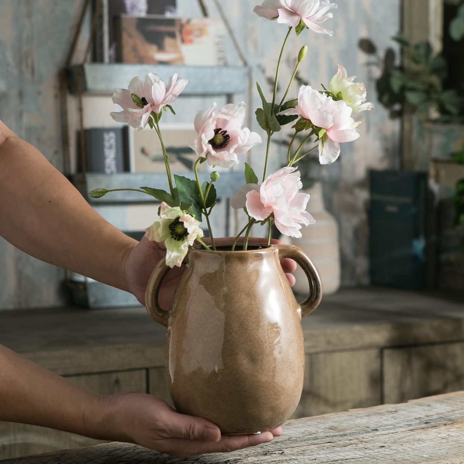 Kimdio Brown Ceramic Vase with 2 Handles, Modern Farmhouse Vase for Home Decor, Vintage Rustic Pottery Vase, Decorative Terracotta Vase, Clay Jug for Living Room Dining Table Shelf