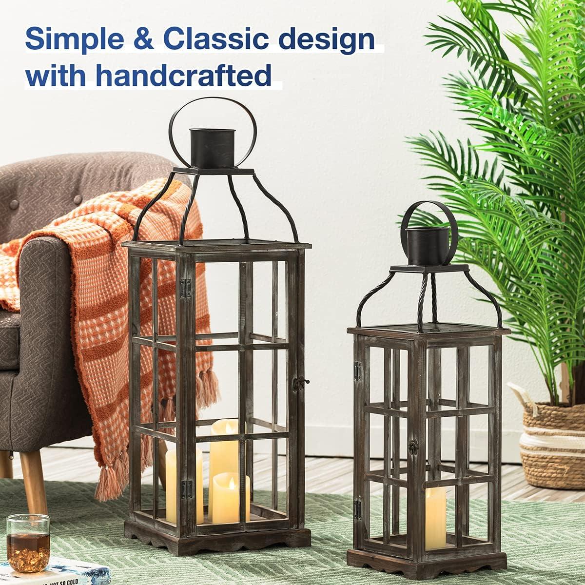 Rustic Farmhouse Wood Candle Lantern Set for Tabletop Decor