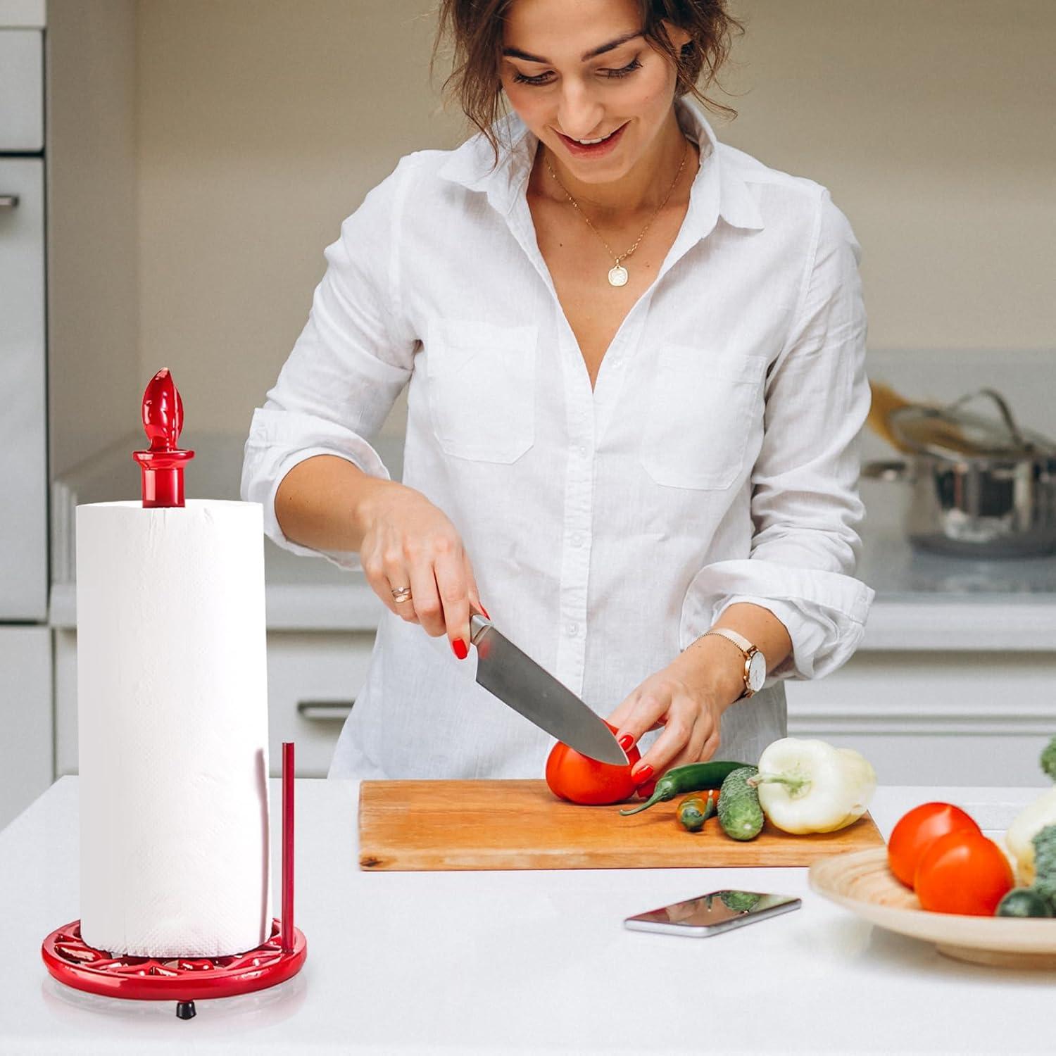 JOGREFUL Paper Towel Holder Stand, Cast Iron Kitchen Paper Towel Countertop Vintage Stand with Weighted-Base, Bathroom Organization for Family Standard Large Size Roll Paper, Mistletoe Base, Red