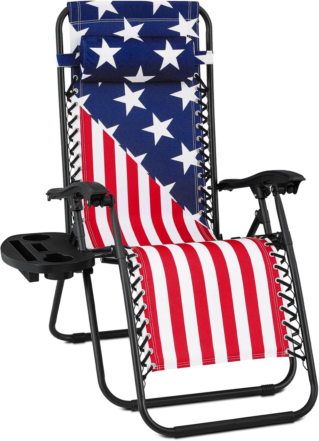 MoNiBloom Zero Gravity Lounge Chairs, Outdoor Patio Folding Beach Recliners with Headrest and Foot, American Flag