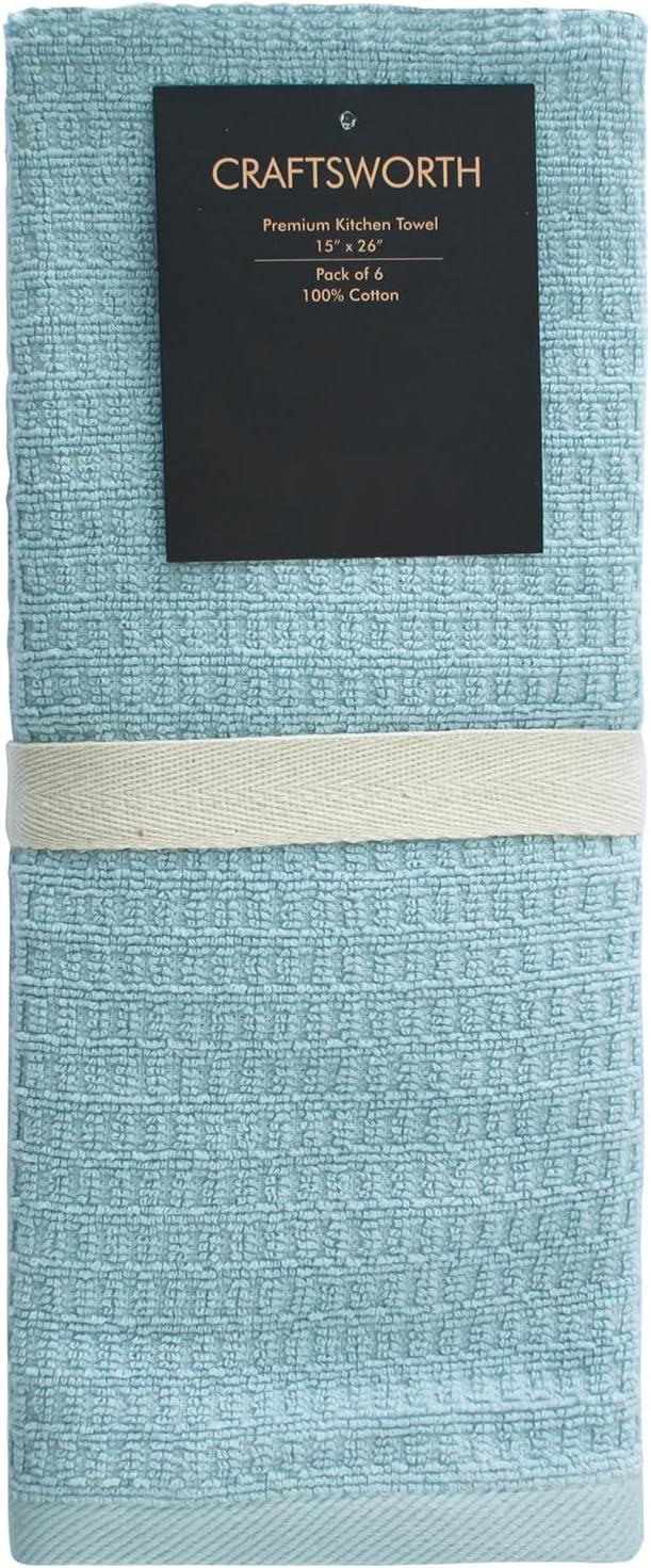 Craftsworth 100% Cotton Kitchen Towel, 15x26-Pack of 6, Stripe Aqua Solid