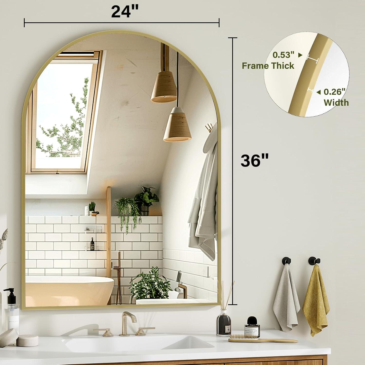 Luxhomez 36" x 24" Arch Wall Mirror for Vanity/ Bathroom, Metal Bathroom Mirror with Waterproof Aluminum Alloy Frame, Gold