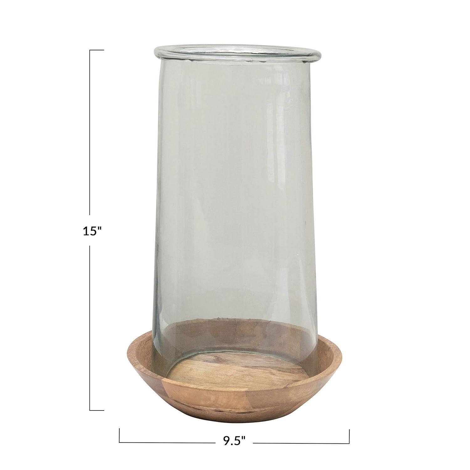 Elegant 15'' Clear Glass Hurricane Vase on Wooden Base