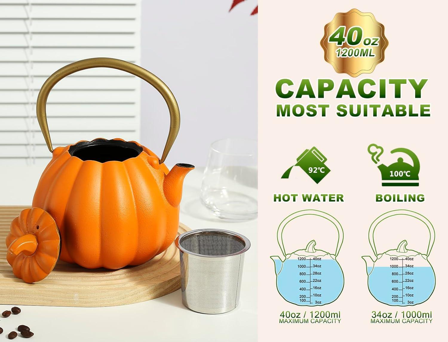 Ophelia & Co. Orange Pumpkin Cast Iron Teapot, Natural Pumpkin Color, Japanese Cast Iron Tea Kettle Stovetop Safe With Infuser, Creative Pumpkin Halloween Teapot(40Oz/1200Ml, Orange)