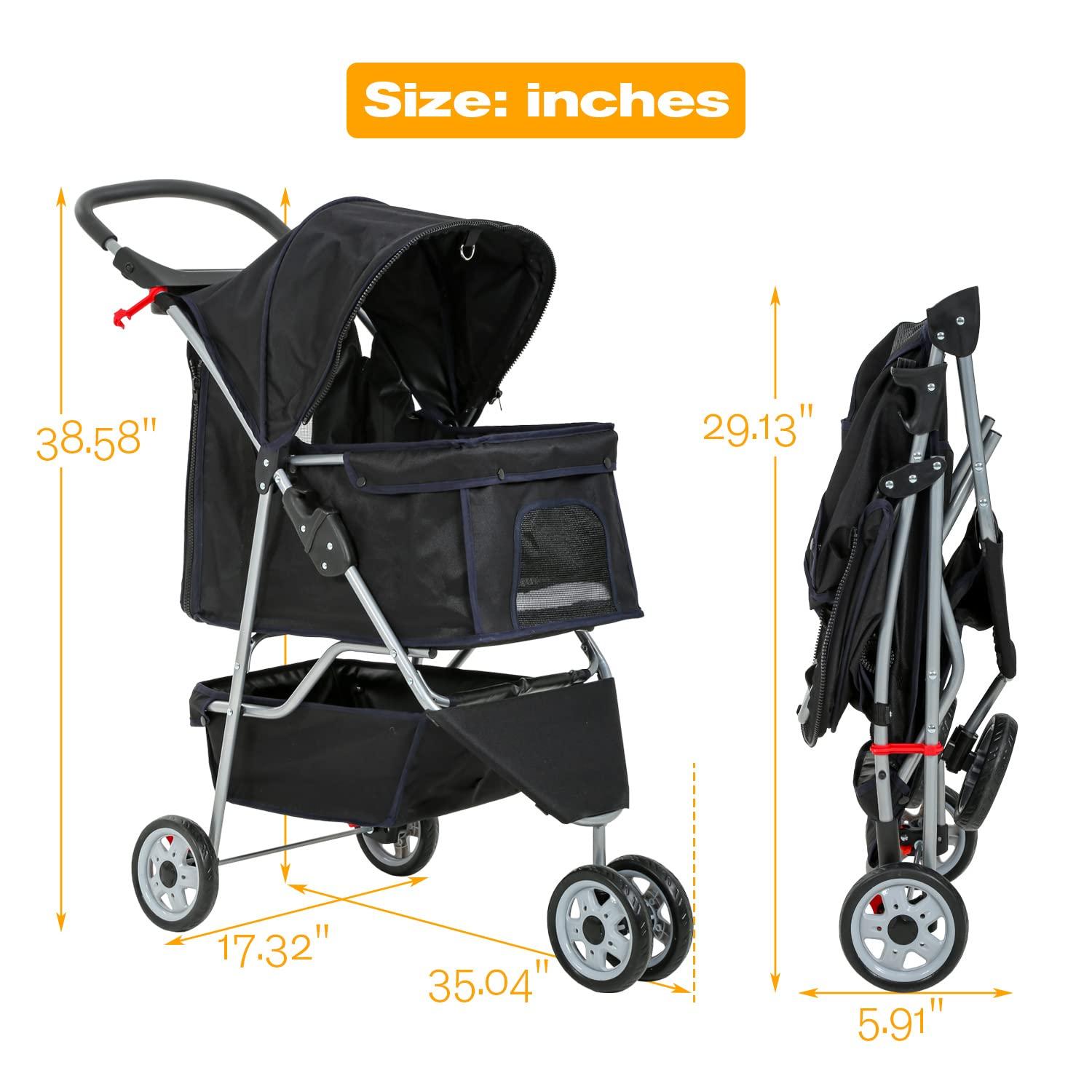 HCY Folding Dog Stroller, 3 Wheels Pet Strollers Pet Gear for Small Medium Cats Dogs Puppy with Storage Basket, Cup Holder,Lightweight-Black, 35x17x38 Inch