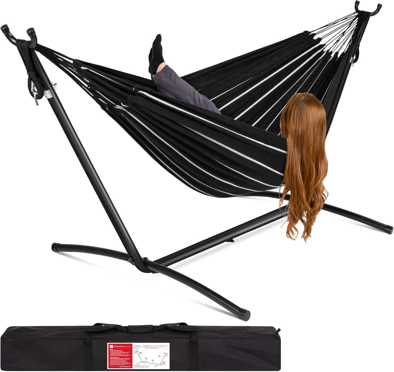 Best Choice Products 2-Person Brazilian-Style Cotton Double Hammock with Stand Set w/ Carrying Bag - Onyx