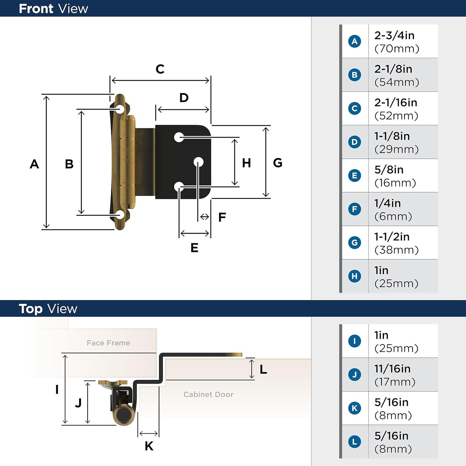 Antique Brass 3/8 Inch Self-Closing Cabinet Hinges, 2 Pack