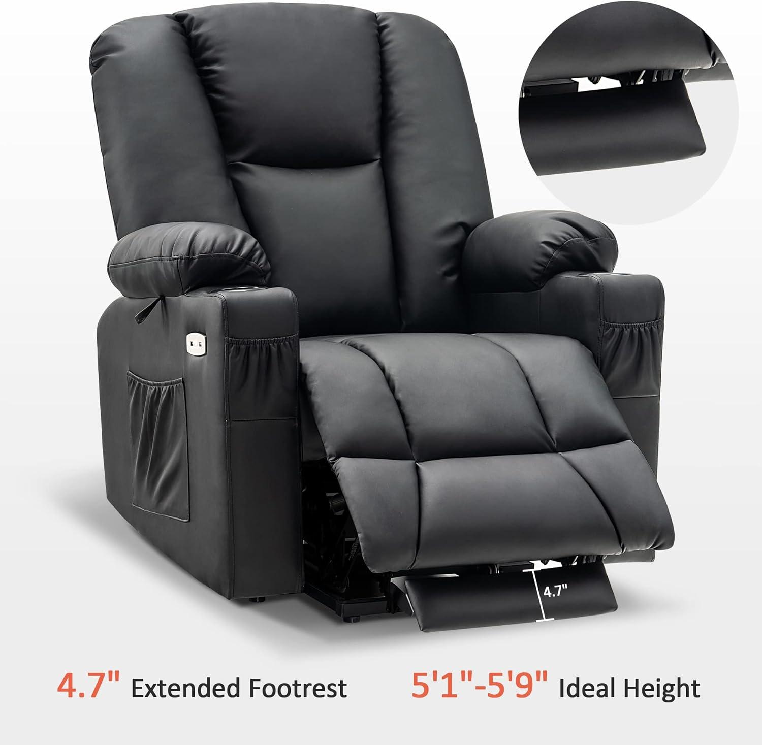 MCombo Electric Power Lift Recliner Chair with Extended Footrest for Elderly People, 3 Positions, Hand Remote Control, 2 Cup Holders, USB Ports, Faux Leather 7507 Black