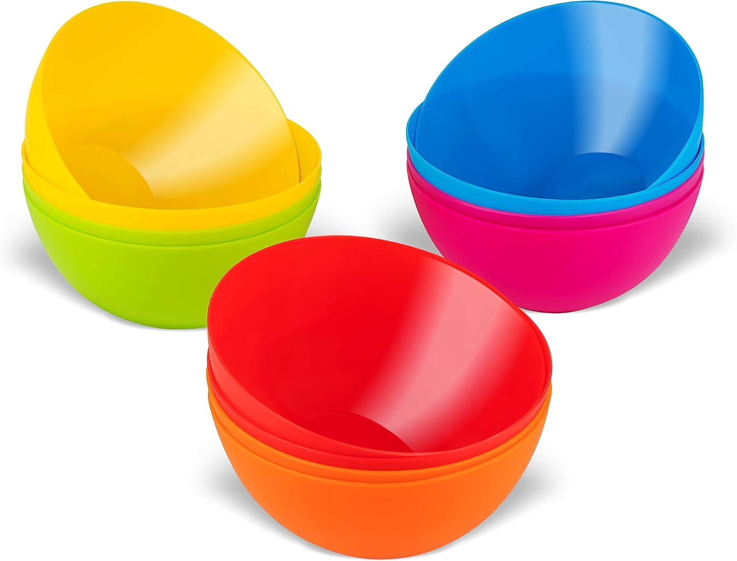 Plastic Bowls Set of 12 Kids Bowls - 24 Oz Microwave & Dishwasher Safe, BPA Free, Brightly Colored for Cereal, Soup, Snack, Fruit or Salad