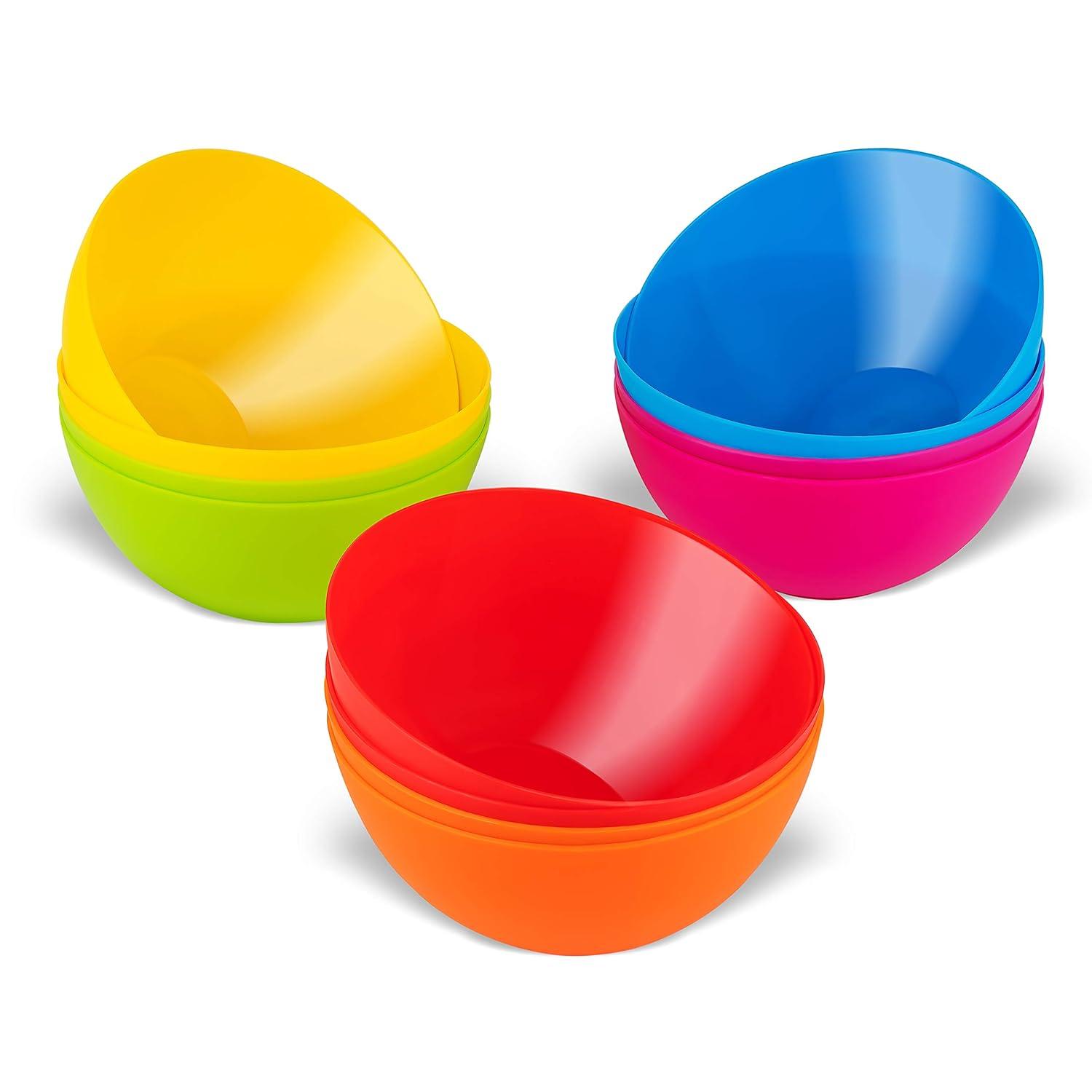 Plastic Bowls Set of 12 Kids Bowls - 24 Oz Microwave & Dishwasher Safe, BPA Free, Brightly Colored for Cereal, Soup, Snack, Fruit or Salad