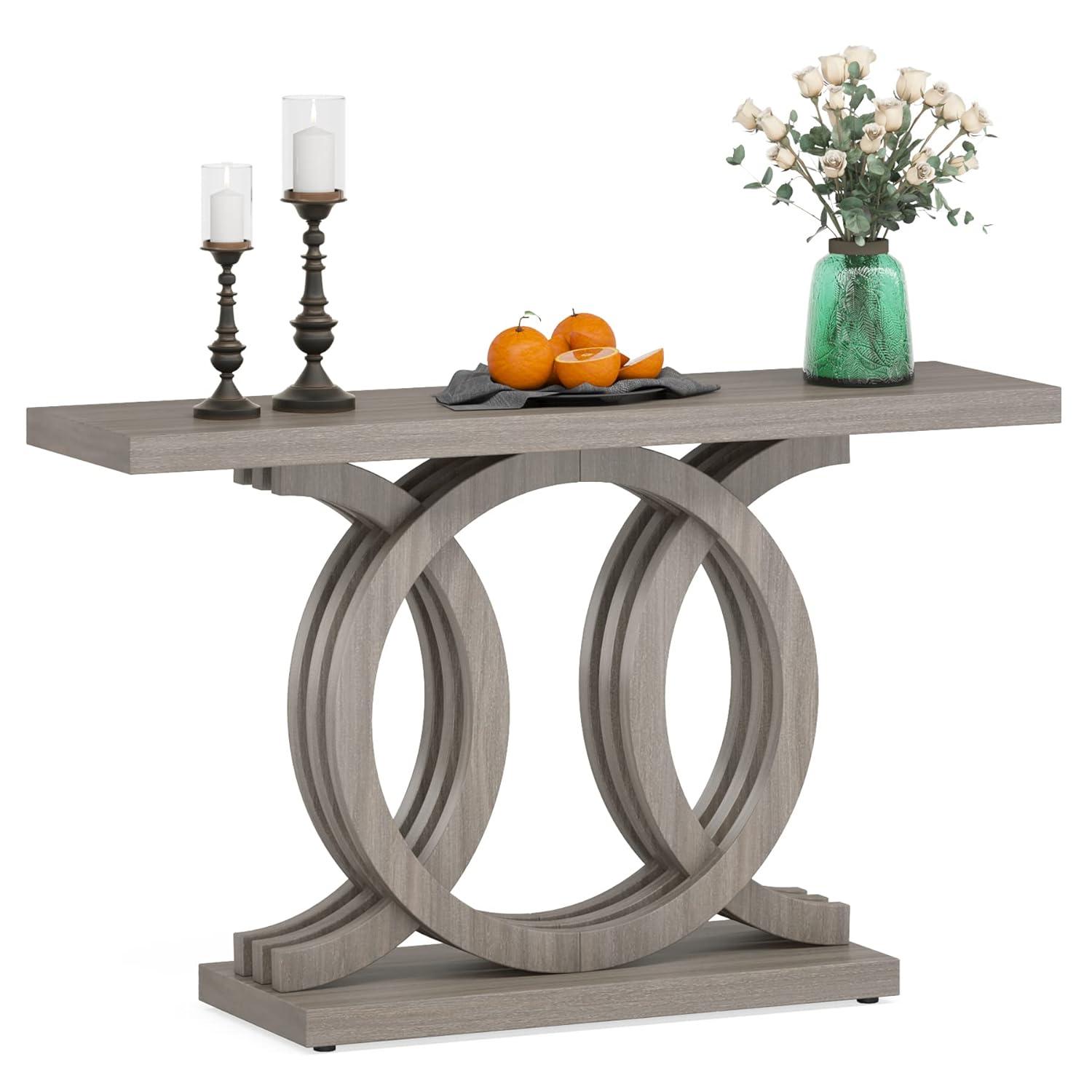 Gray 55" Geometric Base Wooden Console Table with Storage