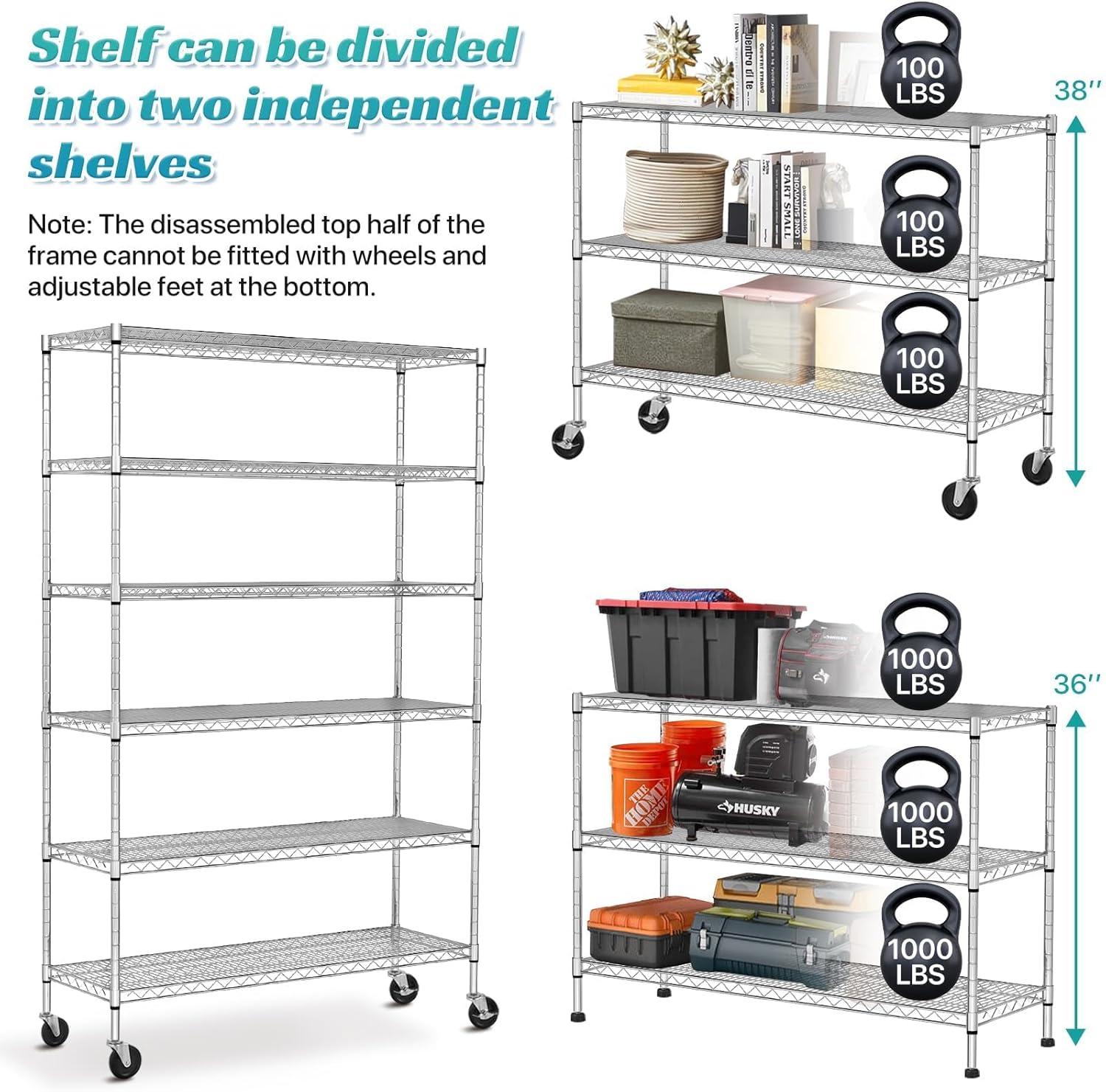 Chrome Heavy Duty Adjustable 6-Tier Metal Storage Rack with Wheels