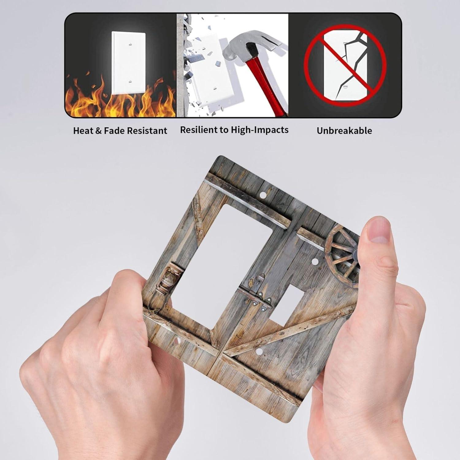 Wood Garage Barn Door Cabin 2 Gang Single Toggle/Rocker Combination Light Switch Cover Decorative Wall Plate Cover Electrical Faceplate Art Decor