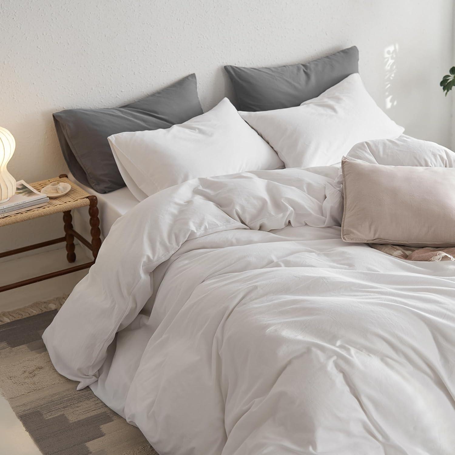 MOOMEE Linen Like Textured 100% Washed Cotton Twill Duvet Cover Set Ultra Soft