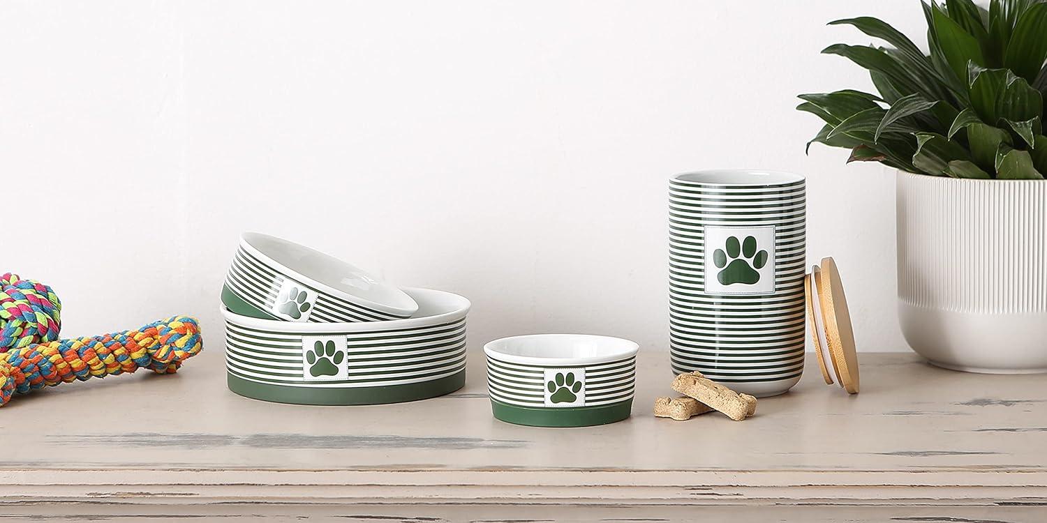 Bone Dry Pet Bowl - Paw Patch Stripe Hunter Green - Large 7.5Dx2.4H Set/2