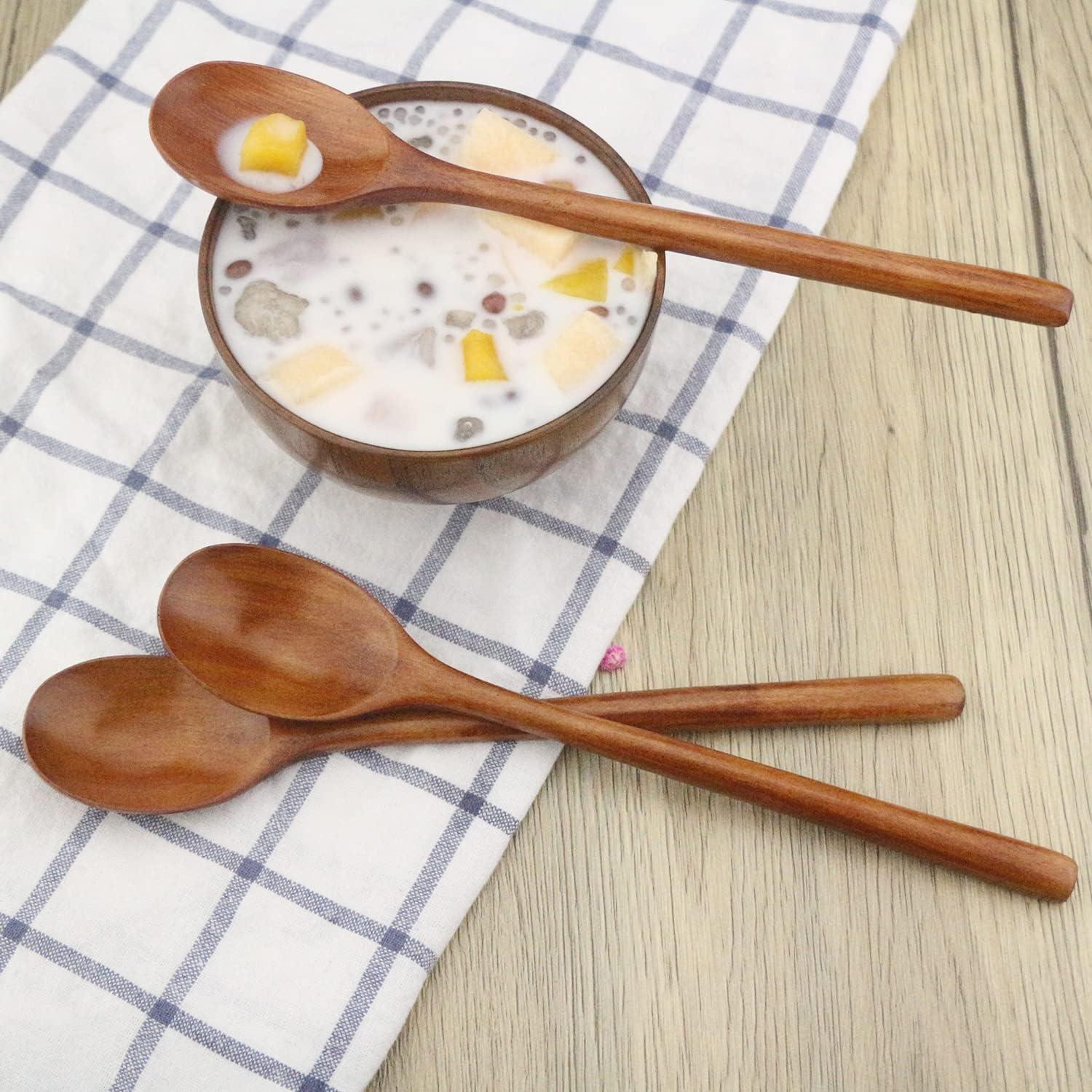 QIFEI 6Pcs Wooden Spoons, 9 inch Wood Soup Spoons for Eating Mixing Stirring, Long Handle Spoon with Japanese Style Kitchen Utensil, Eco Friendly Table Spoon