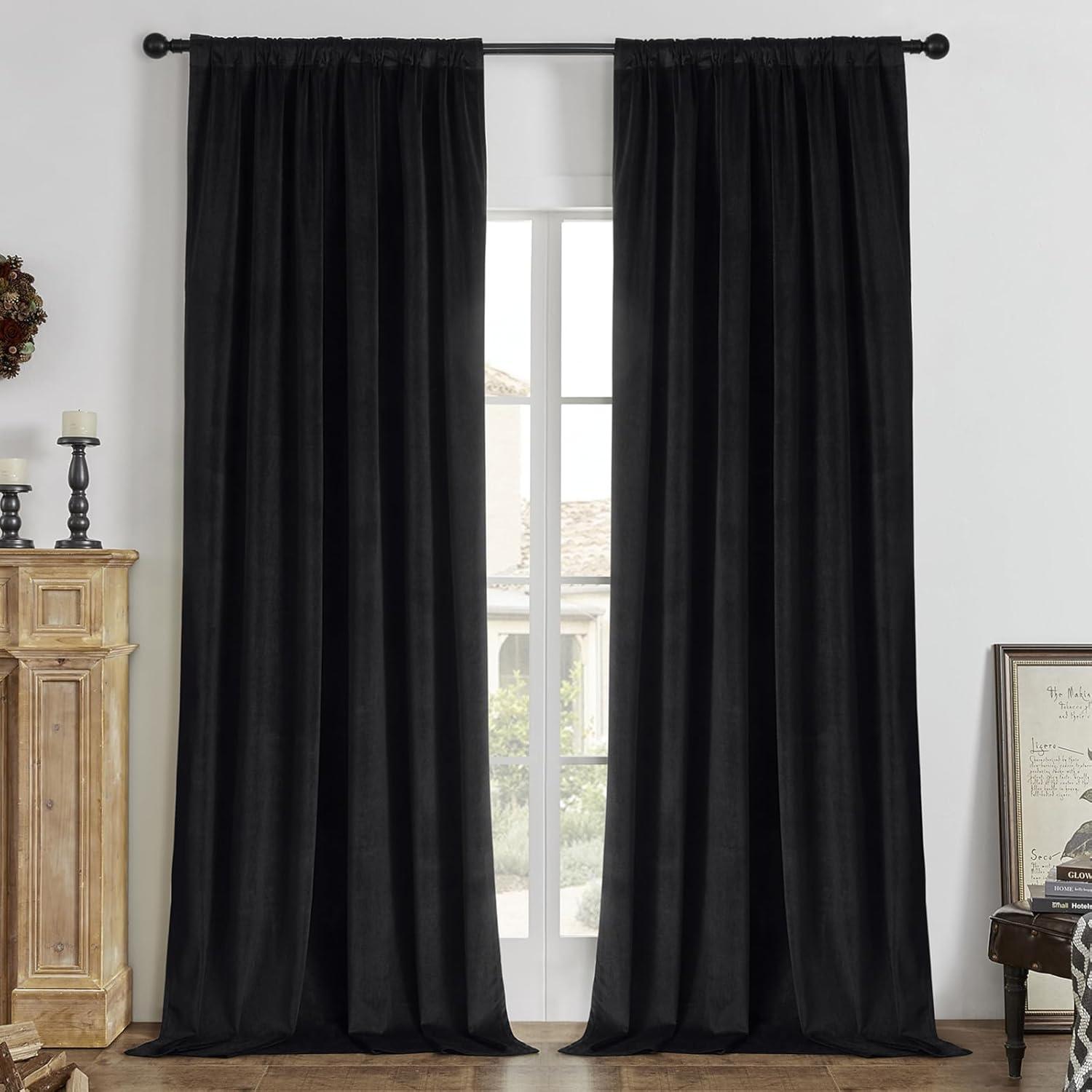 JIUZHEN Black Velvet Curtains for Living Room -96 inches Long Rod Pocket Thermal Insulated Room Darkening Window Drapes for Bedroom, Set of 2 Panels with Tiebacks, 52 x 96 inches