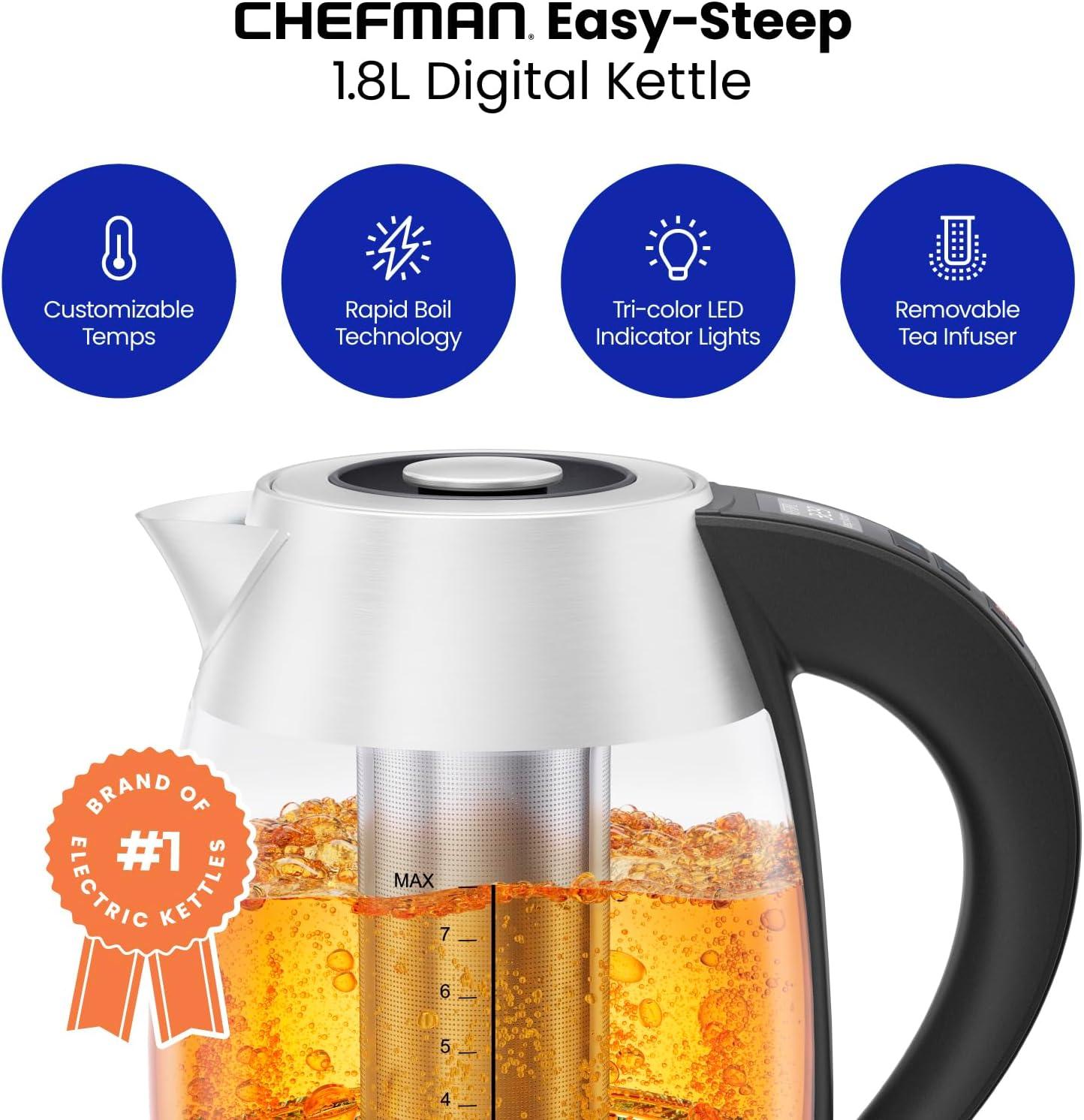 Chefman 1.8L Digital Rapid-Boil Glass Kettle w/ 7 Temperature Presets and Tea Infuser - Stainless Steel, New