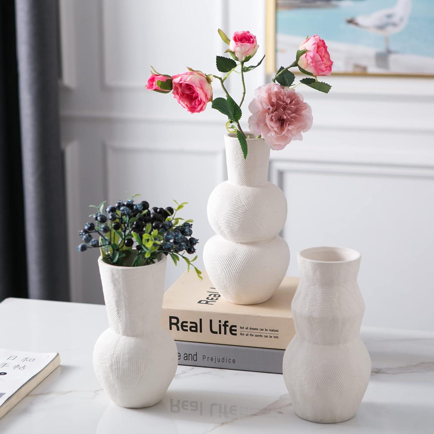 Matte White Textured Ceramic Vase Set of 3