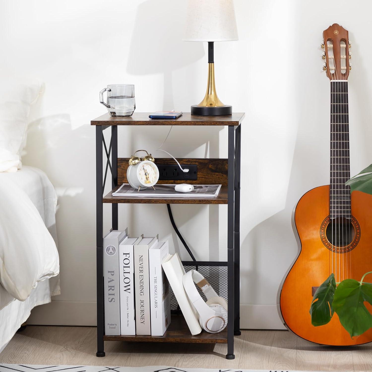 Record Player Stand with Charging Station, Turntable Stand with Storage Cabinet, 3 Tier End Table Hold Up to 100 Albums, Record Stand for Vinyl, Living Room, Rustic Brown