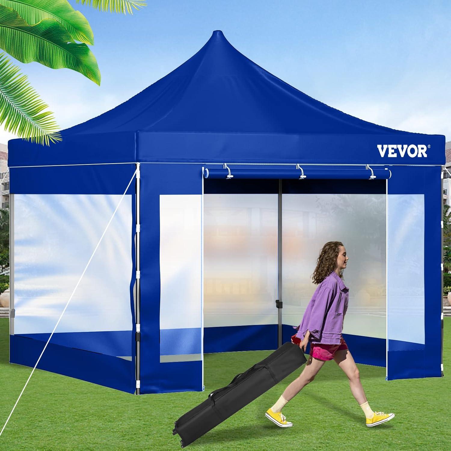 VEVOR 10x10 Blue Pop-Up Canopy Tent with Sidewalls and Wheeled Bag