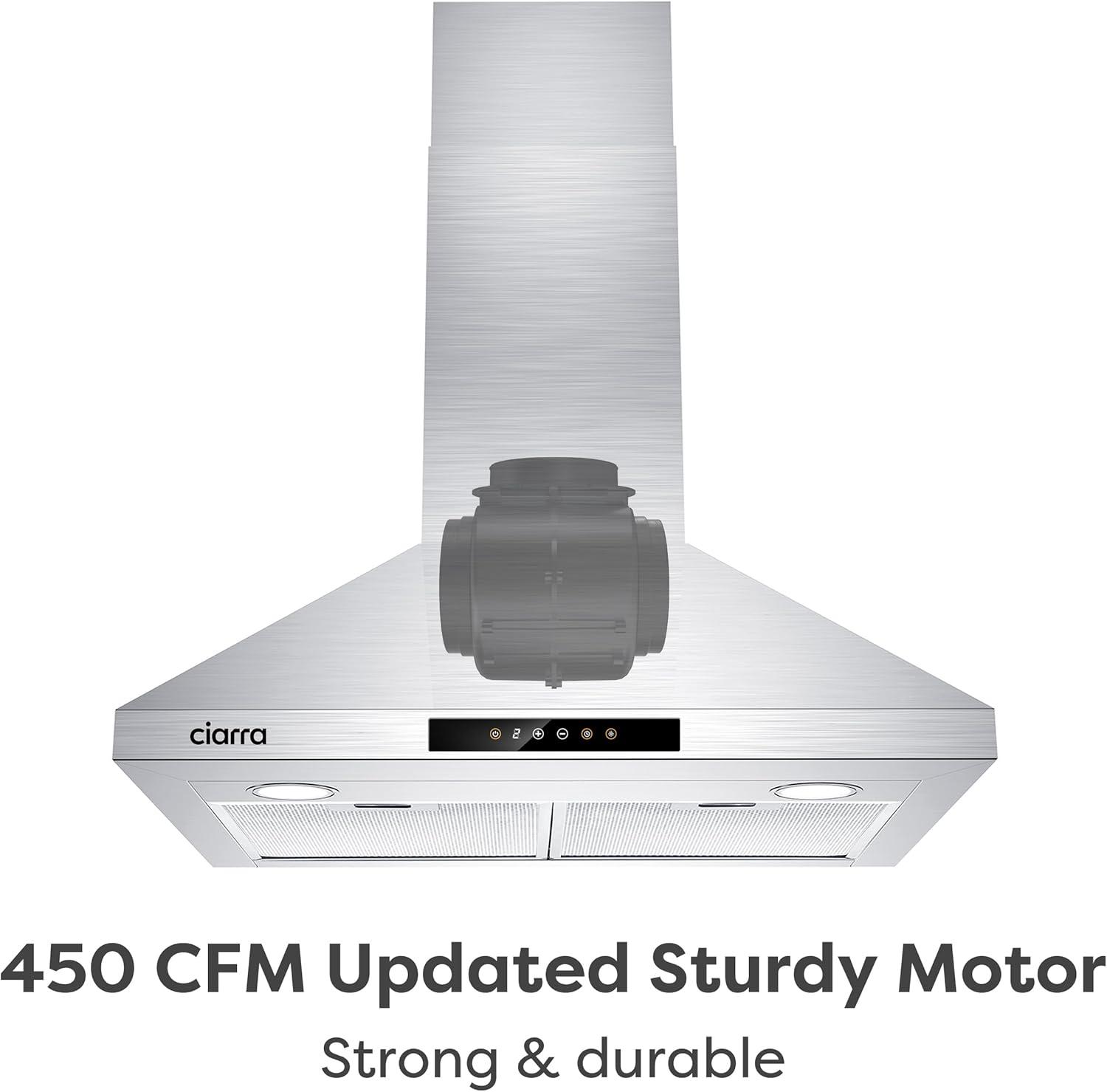 CIARRA Wall Mount Range Hood 30 inch 450CFM in Stainless Steel with Carbon Filter Kit for Recirculating CAS206P75-003