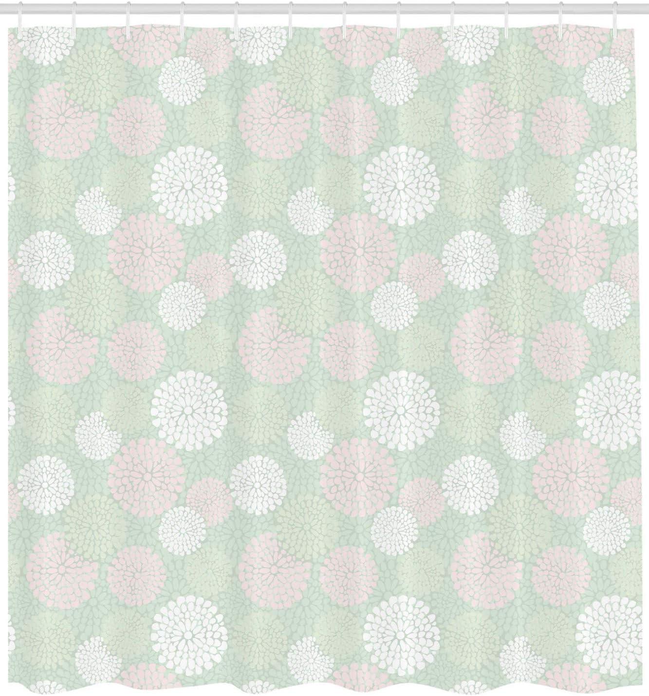 Ambesonne Mint Shower Curtain, Pastel Dahlia Blossoms, 69"Wx70"L, Almond Green Pink