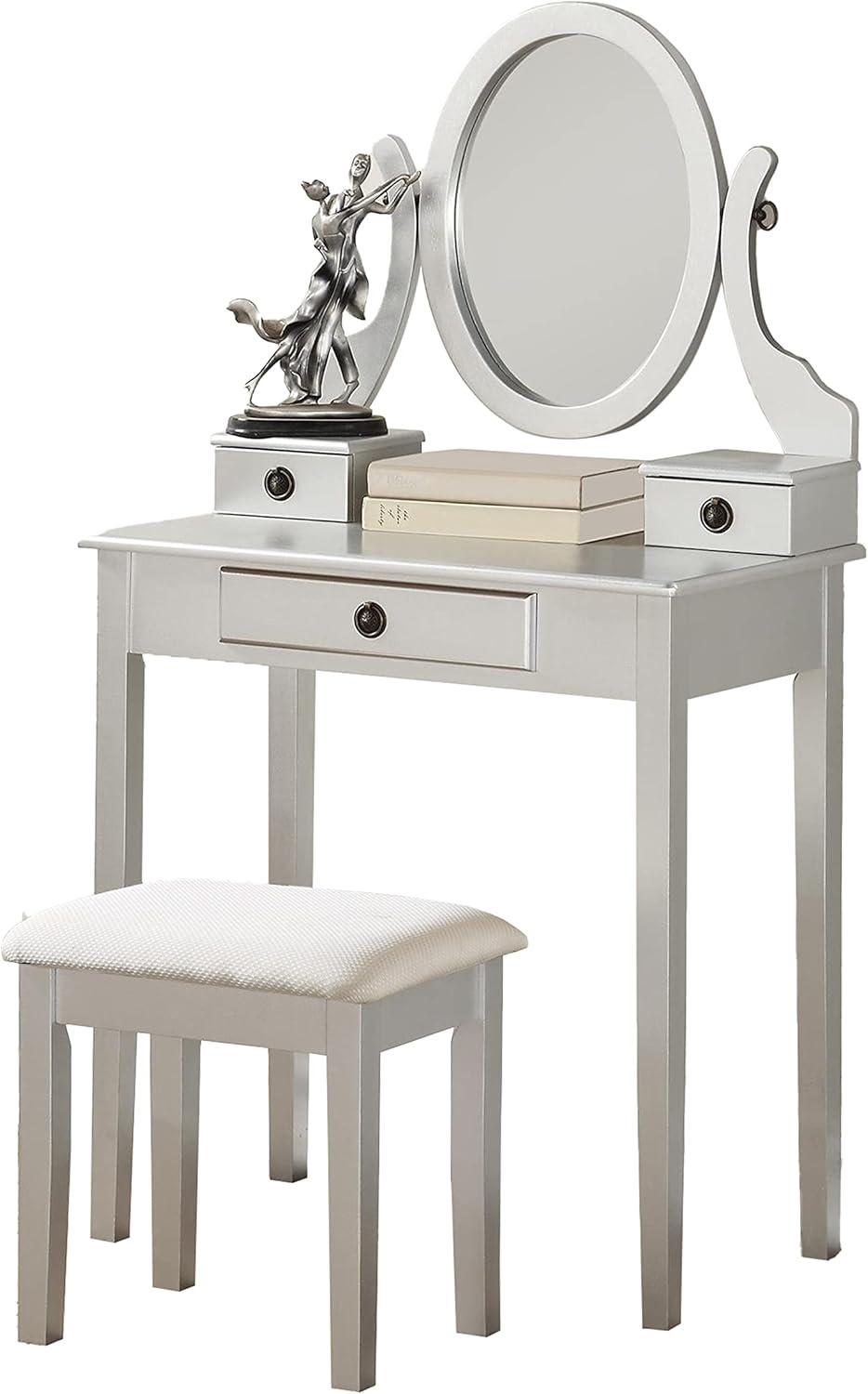 Roundhill Furniture Moniya Wood Makeup Vanity Table and Stool Set, Silver