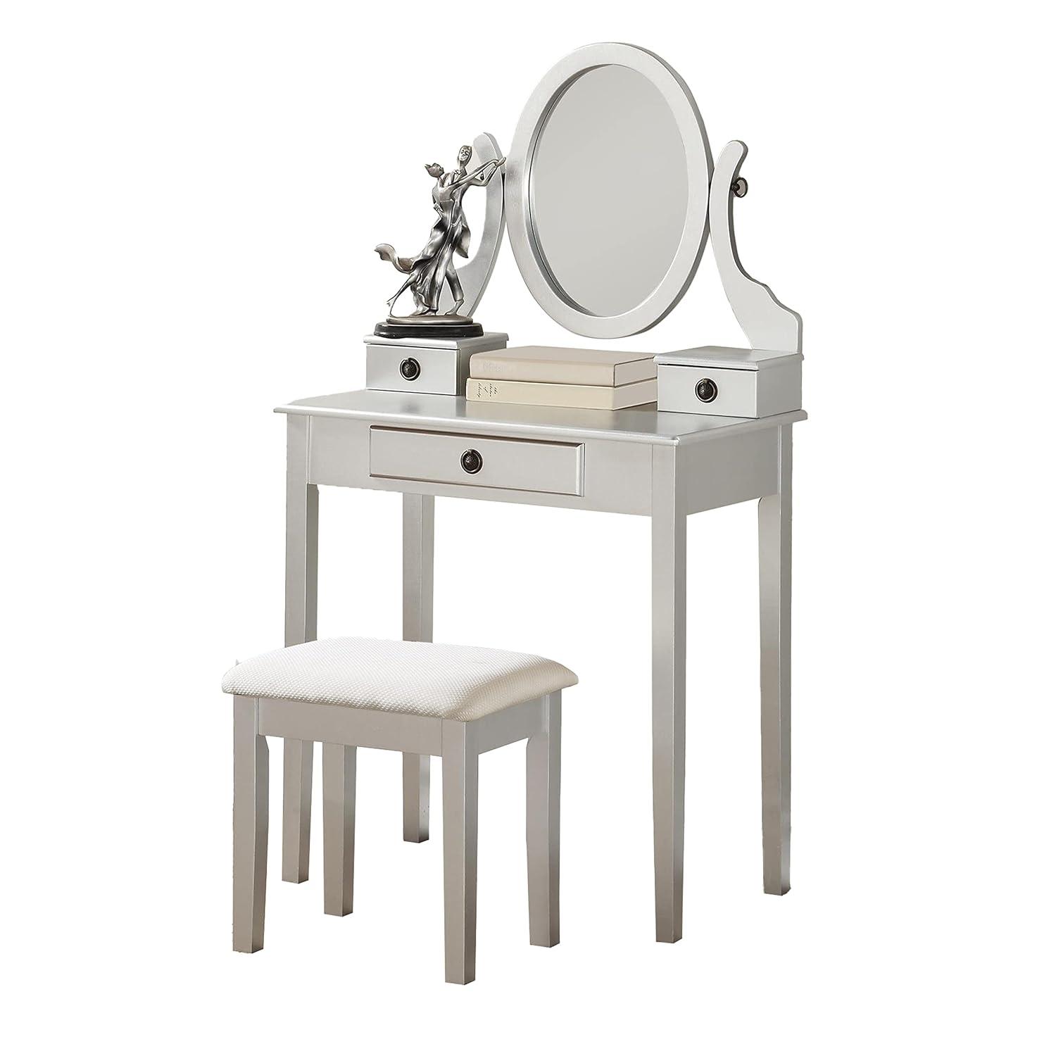Roundhill Furniture Moniya Wood Makeup Vanity Table and Stool Set, Silver